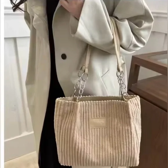 Meiduola NEW Cordoroy/chenille tote. Beige textured tote is fun & fashionable - Picture 1 of 7